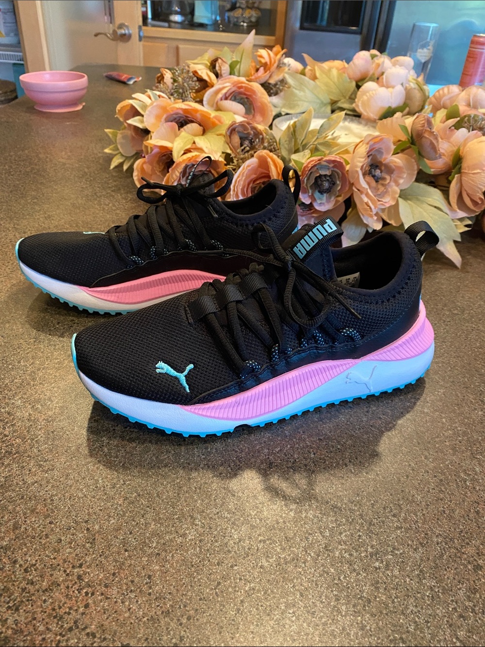 Puma Black Sneakers with Pink and Aqua Accents